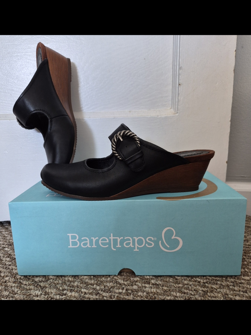 BareTraps Black Wedge Mule with Twisted Buckle